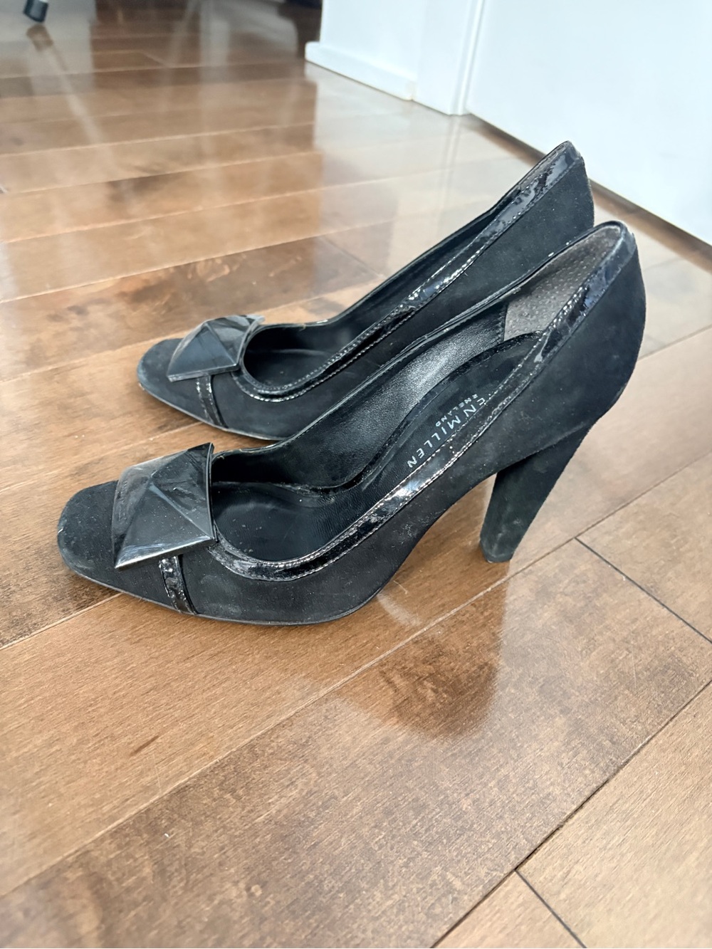 Karen Millen Black Suede Peep-Toe Pumps with Bow Accent